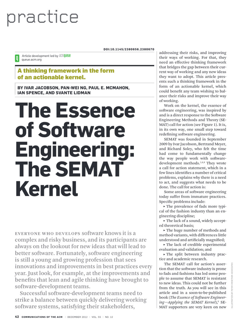 A picture of the article by ACM Queue mentioned in this post, entitled "The Essence of Software Engineering: The SEMAT Kernel"