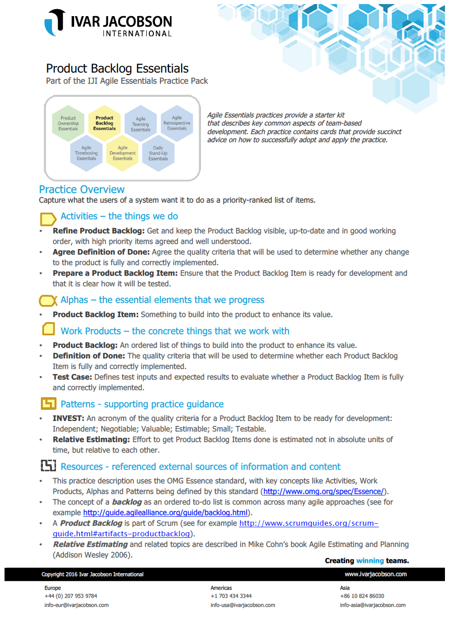 Agile Product Backlog Essential Practice Flyer - Agile Coaching Tools