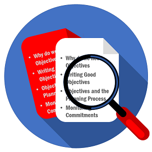 A magnifying glass observes some text from the article 'Writing Good PI Objectives'