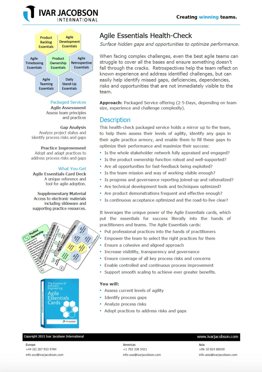 An image containing a summary of our Agile Essentials Health-Check, also detailed in the PDF linked on this page