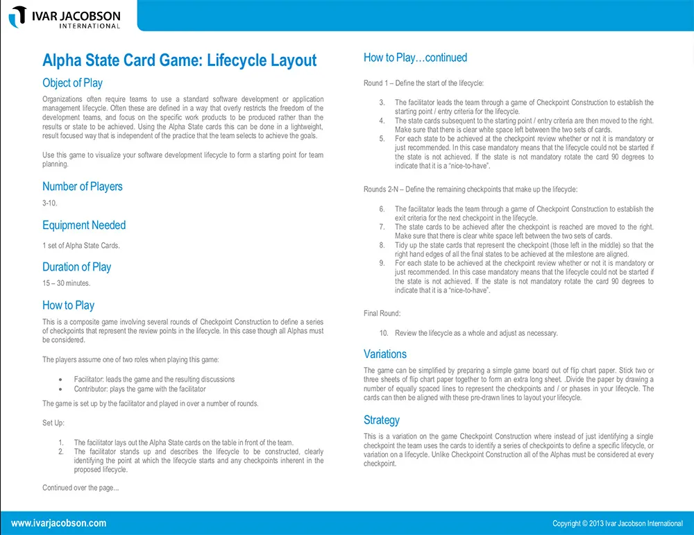 Agile Games - Lifecycle Layout Game - part of the Essence Agility Toolset for Agile professionals
