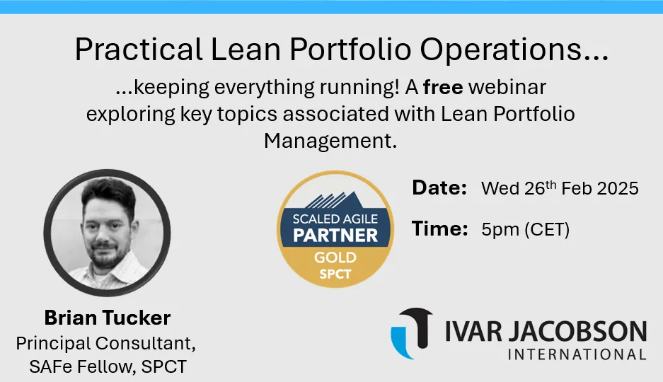 Image advertizing the upcoming webinar on Lean Portfolio Management