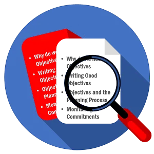 A magnifying glass observes some text from the article 'Writing Good PI Objectives'