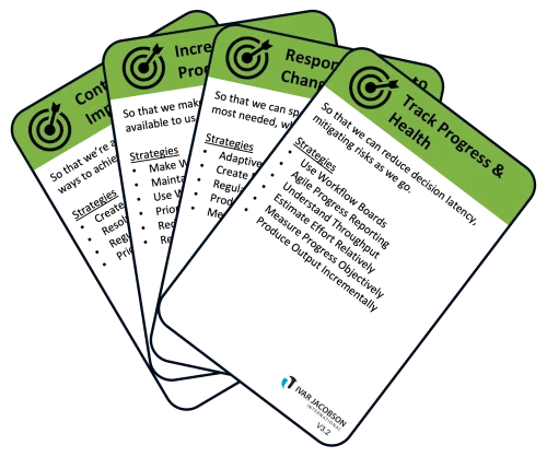 Image of some of the cards from the Essence based Method Agnostic Agility Cards used to help people learn about some key agile principles.