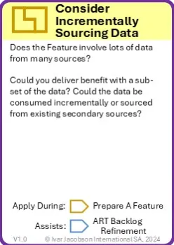 A playing card describing the Consider Incrementally Sourcing Data pattern, text on card is replicated in adjacent text