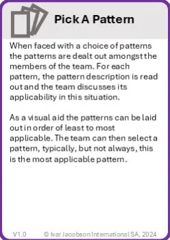 A playing card describing the Pick A Pattern Game, text on card is replicated in adjacent text
