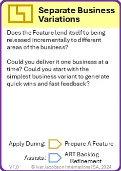 A playing card describing the Separate Business Variations pattern, text on card is replicated in adjacent text
