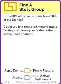 A playing card describing the Find A Story Group pattern, text on card is replicated in adjacent text