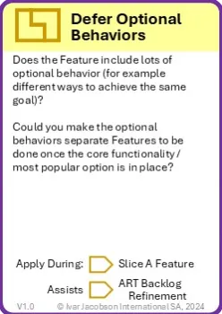A playing card describing the Defer Optional Behaviors pattern, text on card is replicated in adjacent text