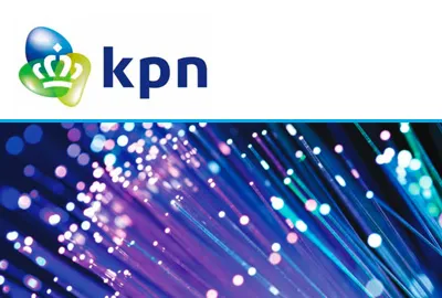 An image of KPN Telecom's logo with a picture of lit-up wires underneath