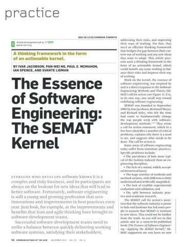 A picture of the article by ACM Queue mentioned in this post, entitled "The Essence of Software Engineering: The SEMAT Kernel"