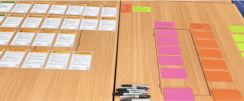 Image of Agile Outcomes cards with associated Strategy cards laid out in swim lanes on a game board